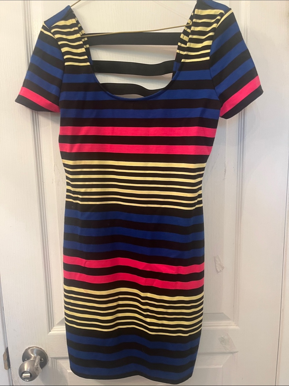 Striped Scoop-Back Short Sleeve Dress in Navy, Yellow & Pink
